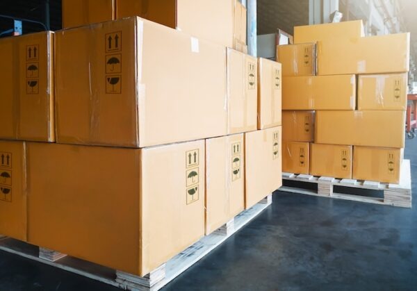 Boxes on pallets in a warehouse.